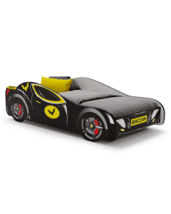 Vaikiška lova „BATCAR“ su čiužiniu, 160 × 80 cm, juodas automobilis, įvairiaspalvė