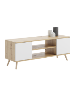 TV spintelė „FOCUS“, 135 cm, medinės kojelės, ąžuolo „Artisan“ dekoras / Balta