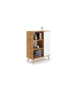 Komoda-spintelė „FONDI“, medinės kojelės, auksinio ąžuolo „Craft“ dekoras / Balta