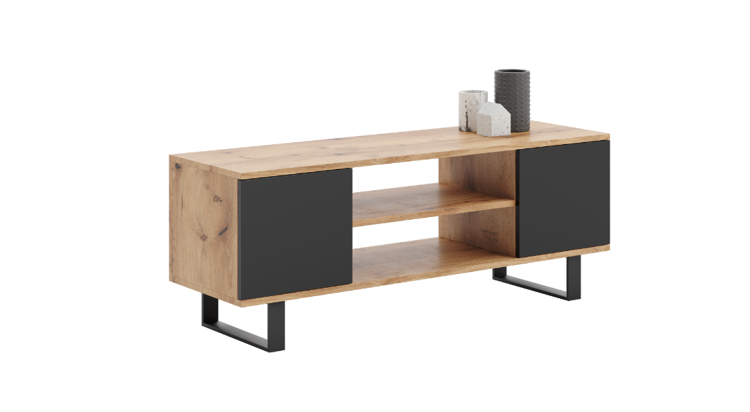 TV spintelė FOCUS 135 cm, auksinio craft ąžuolo ir juodos spalvų