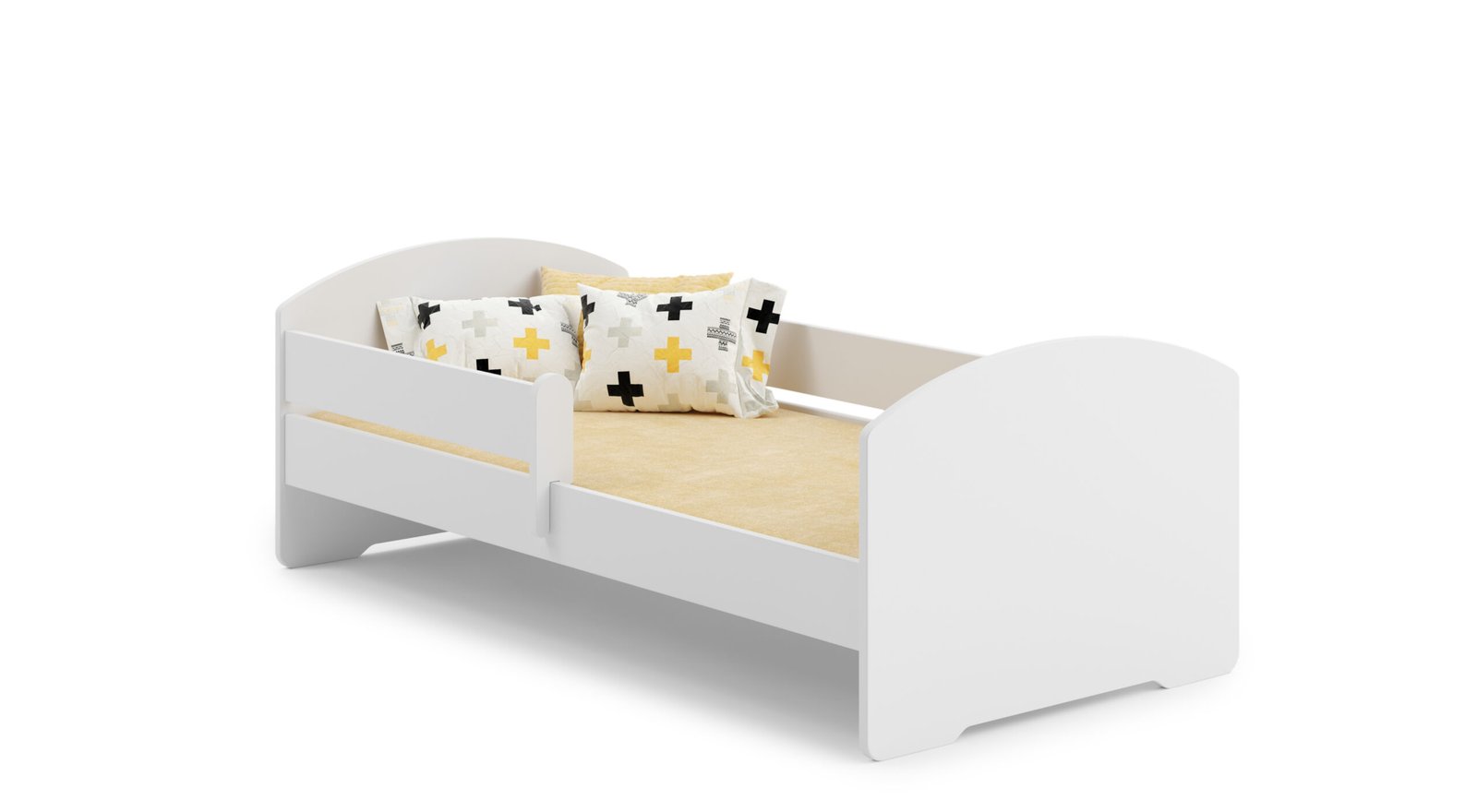 Balta vaikiška lova 140 × 70 cm su apsauginiu turėklu ir čiužiniu
