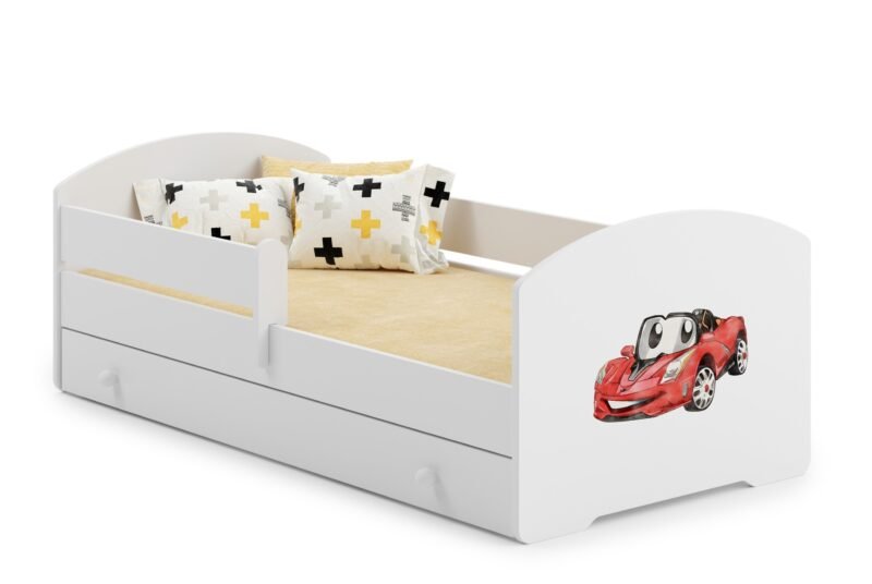 Vaikiška lova automobilis 140 × 70 cm su stalčiumi ir čiužiniu
