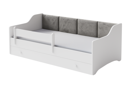 Vaikiška lova su pilkais apmušalais 160 × 80 cm su stalčiumi ir čiužiniu