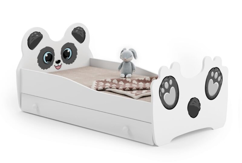 Balta vaikiška lova Panda 160 × 80 cm su stalčiumi ir čiužiniu