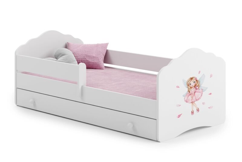 Balta vaikiška lova su mergaitės su sparnais dizainu 140 × 70 cm su stalčiumi ir čiužiniu