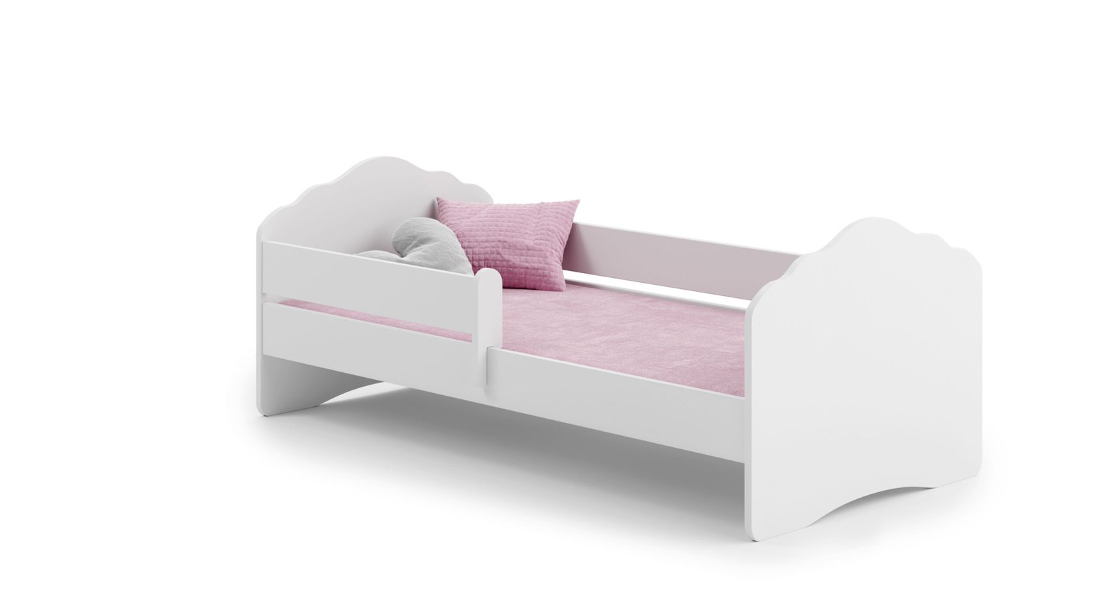 Balta vaikiška lova su apsauginiu turėklu 140 × 70 cm su čiužiniu