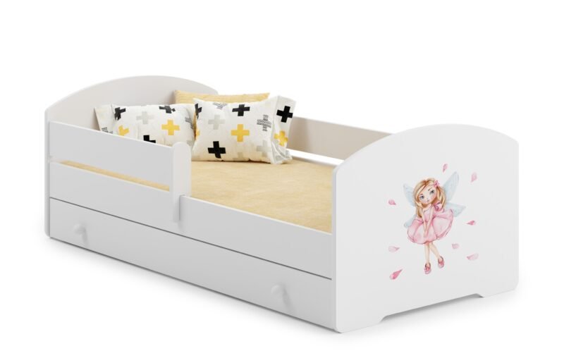 Vaikiška lova Mergaitė su sparnais 140 × 70 cm su stalčiumi ir čiužiniu