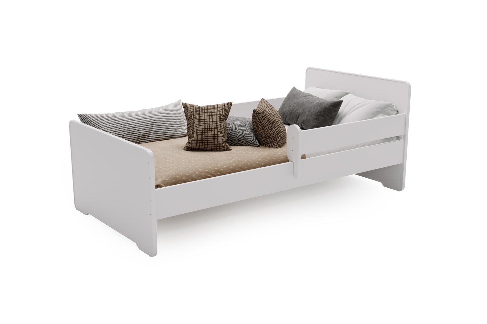 Balta vaikiška lova 160 × 80 cm su apsauginiu turėklu ir čiužiniu