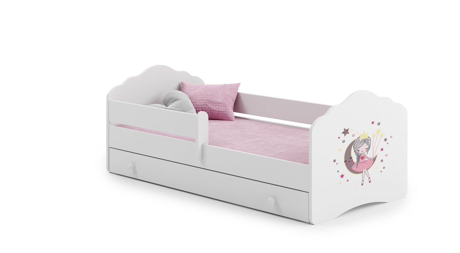 Balta vaikiška lova Miegančioji gražuolė 140 × 70 cm su stalčiumi ir čiužiniu