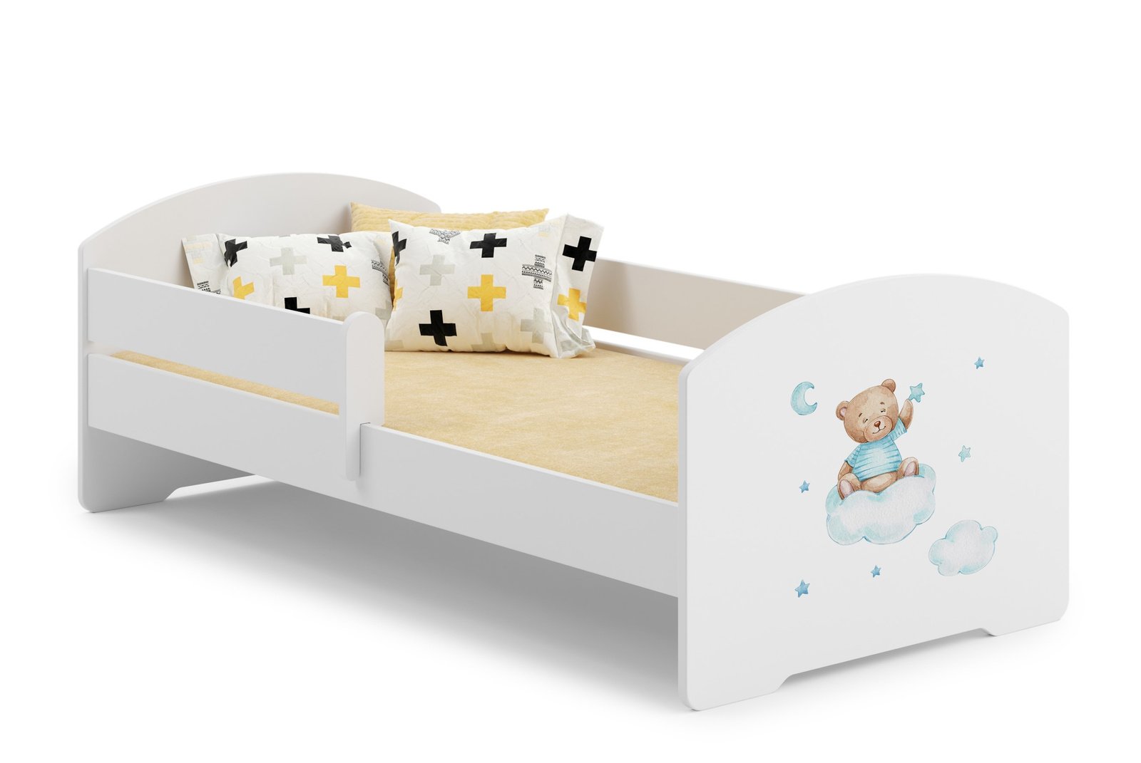 Balta vaikiška lova su mėlynu meškiuko dizainu 140 × 70 cm su čiužiniu