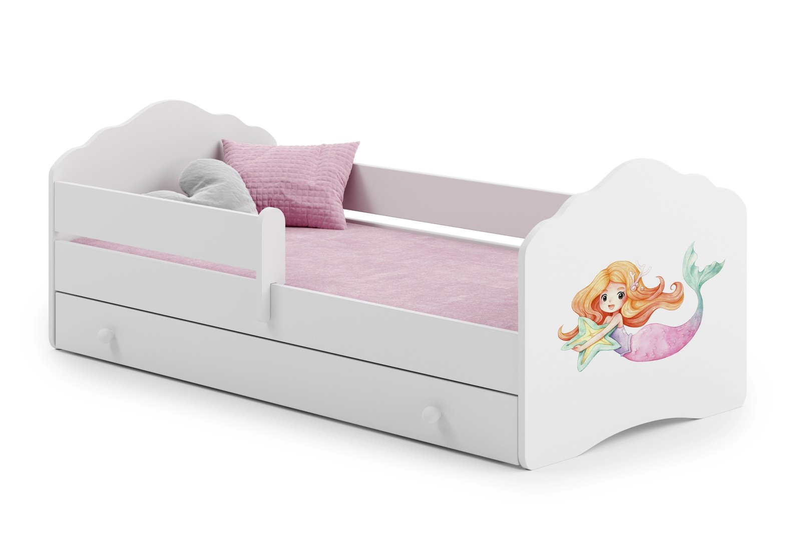 Balta vaikiška lova Undinėlė 140 × 70 cm su stalčiumi ir čiužiniu
