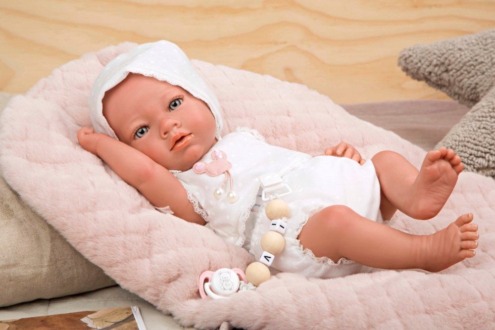 Reborn lėlytė baltais rūbeliais, mergaitė, 38 cm